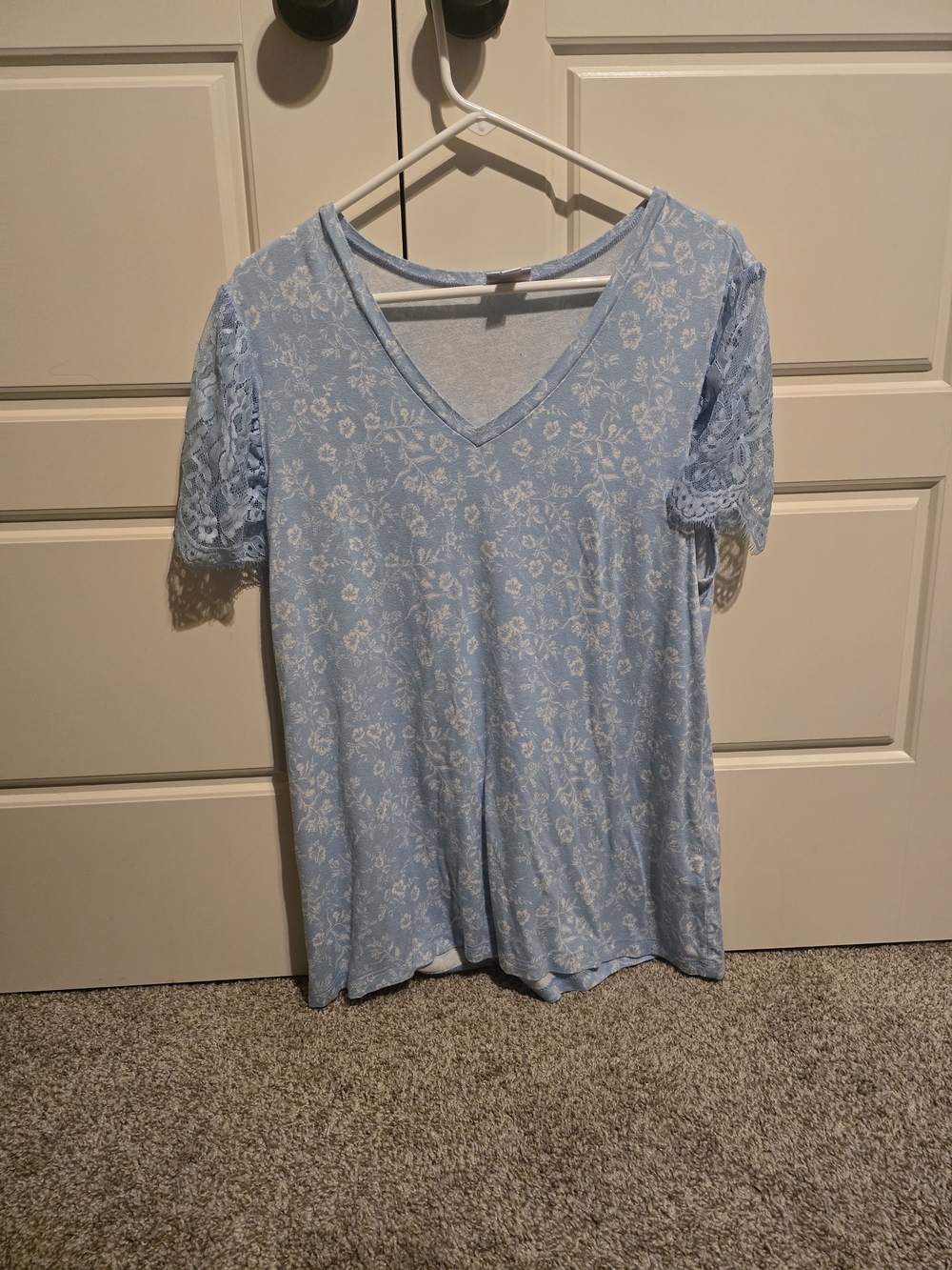 LuLaRoe Light Blue Floral V-Neck with Lace Sleeves